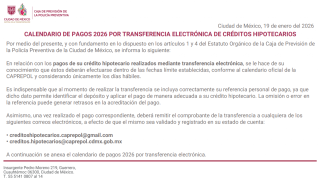 Calendario de pagos por transferencia electrónica de créditos hipotecarios