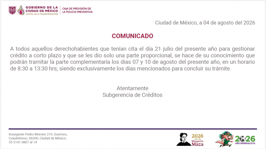 Comunicado entrega parte complementaria crédito corto plazo 7 y 10 de agosto de 2026