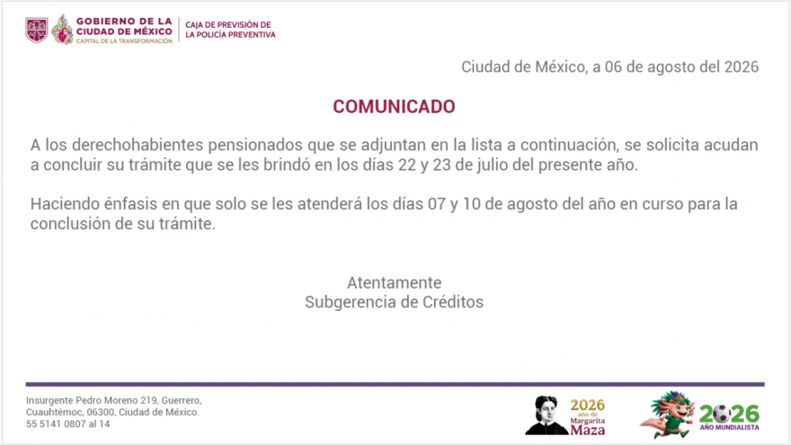 Comunicado derechohabientes pensionados para concluir trámite se brindó el 22 y 23 de julio de 2026