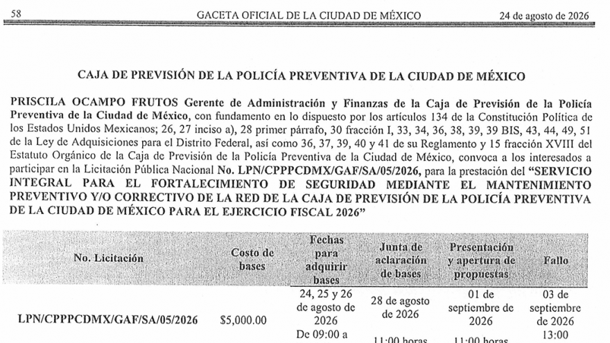 Licitación Pública Nacional No. LPN/CPPPCDMX/GAF/SA/05/2026