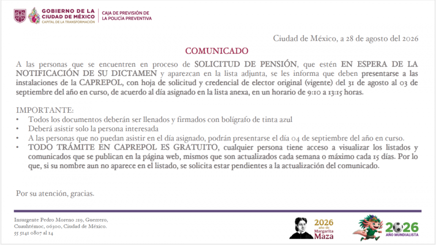 Personas en espera notificación dictamen presentarte del 31 de agosto al 03 de septiembre de 2026