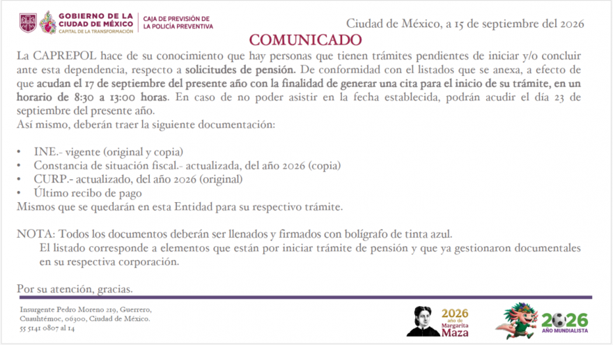 Personas listadas con trámite pendiente de solicitud de pensión acudir el 17 de septiembre de 2026